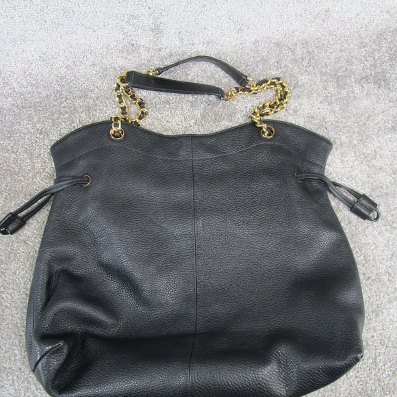 Tory Burch Tote Bag Black Letaher Logo Gold Chain - Picture 2 of 4